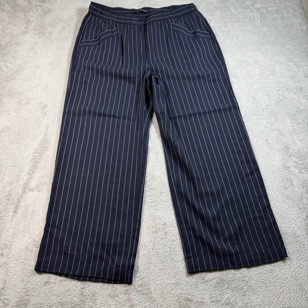 Eileen Fisher Wide Leg Pants Women Small Blue Pinstripe Elastic Waist Career